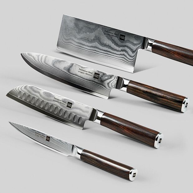 Набор ножей из дамасской стали HuoHou Set of 5 Damascus Knife Sets (4 ножа  подставка) RU - 1